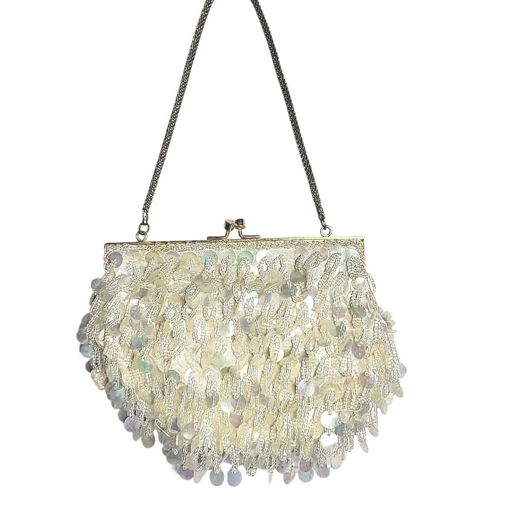 Mr Ernest Evening Hand Bag White Vintage Beaded & Sequins Purse Madein Hong Kong